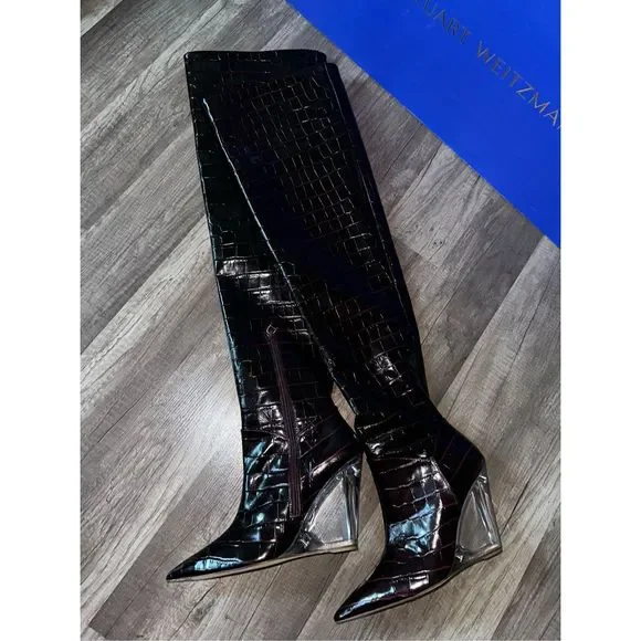 Stuart Weitzman Lucite Croc-Embossed Leather Wedge Boots - Picture 7 of 15